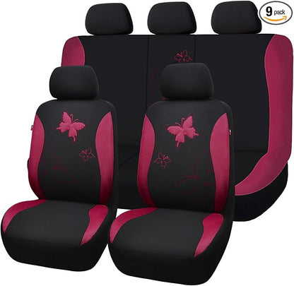 Flying Banner Butterfly car seat Covers ful Set Fashion Universal Lady Woman Female Rear Bench Split Colorized (Full Set - Lace, Burgundy)