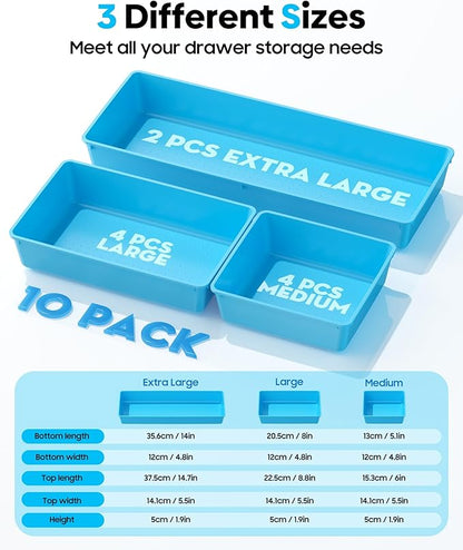 10 Pack Large Size Plastic Drawer Organizers Set, 3 Sizes Desk Drawer Organizer