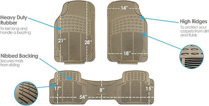FH Group Trimmable Non-Slip Rubber Floor Mats 3 Row Set - Universal Fit for Cars Trucks and SUVs (Beige) F11305 + F16400