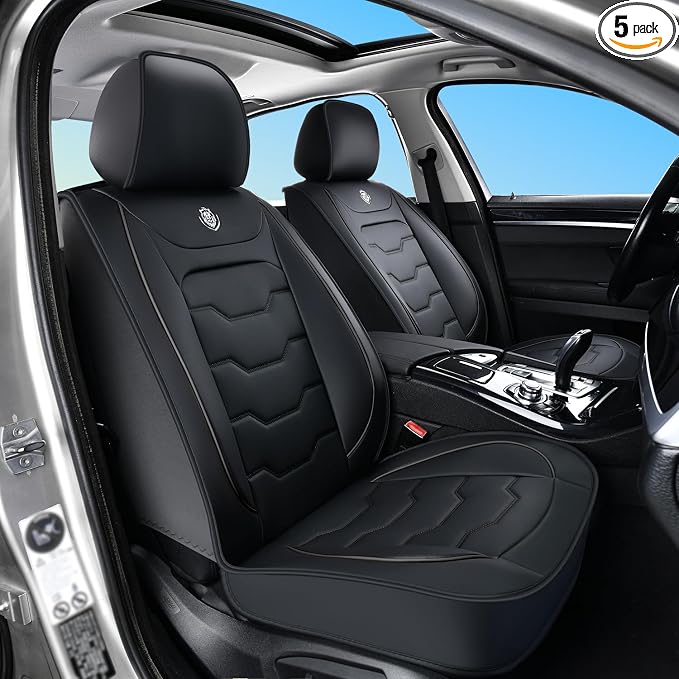 Black Car Seat Covers Complete Set, Universal Car Seat Covers for Cars, Premium Waterproof Leather, Protect & Upgrade Car Interiors, Airbag Compatible, Easy to Install & Clean Up