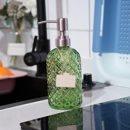 16 oz Diamond Pattern Glass Soap Dispenser, Kitchen and Bathroom Refillable
