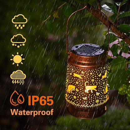 2 Pack Cat Solar Lanterns Outdoor Waterproof Hanging Solar Lights Cat Gifts for Women Men Metal Decorative LED Cat Lanterns for Garden Decor,Yard,Patio,Lawn,Tabletop,Pathway,Landscape