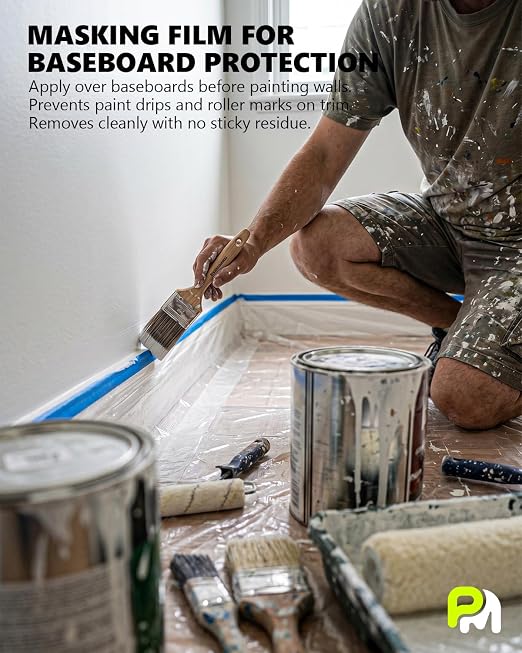 Pre-Taped Masking Film for Painting(1 Roll) - 44" x 66'Painters Plastic Sheeting with Tape and Drape, Painters Drop Cloth for Automotive & Home, Cover for Walls/Floors/Windows/Cars Protection