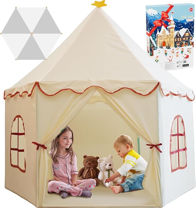Large Girls Play Tent Princess, Boys Castle Kids Playhouse Indoor Outdoor Toddler Teepee | American Style Design, Age 3-8| Detailed Instructions| Colorful Package| Christmas Birthday Gift Beige