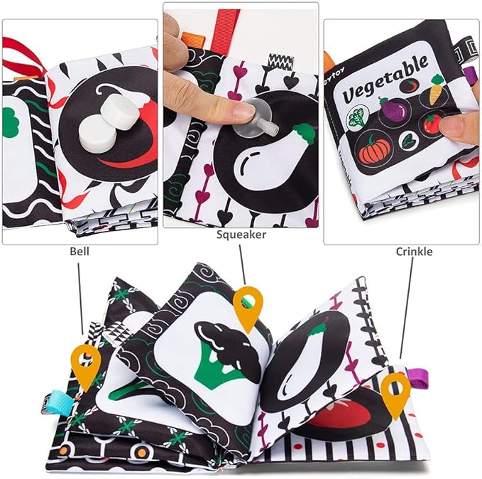 teytoy Baby Soft Cloth Book Set 6 PCS, Black and White High Contrast Baby Activity Crinkle Books for 0 3 6 9 12 Months Newborn Infants Babies Boys and Girls Early Educational Learning Toys