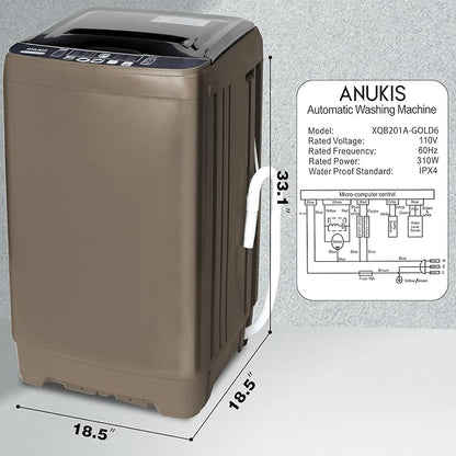 Anukis Fully Automatic Washing Machine, 13 lbs Capacity Compact Laundry Washer