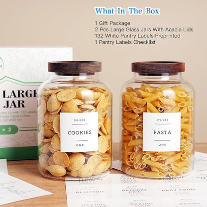 Set Of 2 Large Glass Jar with Wooden Lid with 132 Labels, Glass Storage Jars for Flour Pasta Candy Coffee Cookie and More(70 FL OZ/2000 ml)