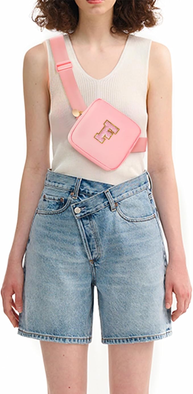 Mini Belt Bag Fanny Pack with Initials Letter Patch Small Crossbody Bags Cute Stuff Birthday Gifts for Teenager Girls Trendy Stuff for Teens - Initial F,Peach