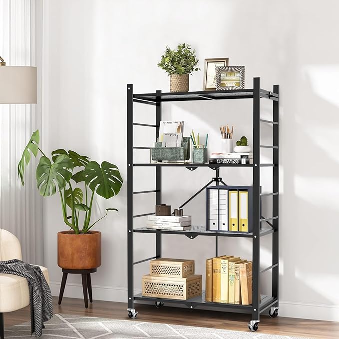 Himix Storage Shelves with 20 Hooks, 4-Tier Foldable Shelves