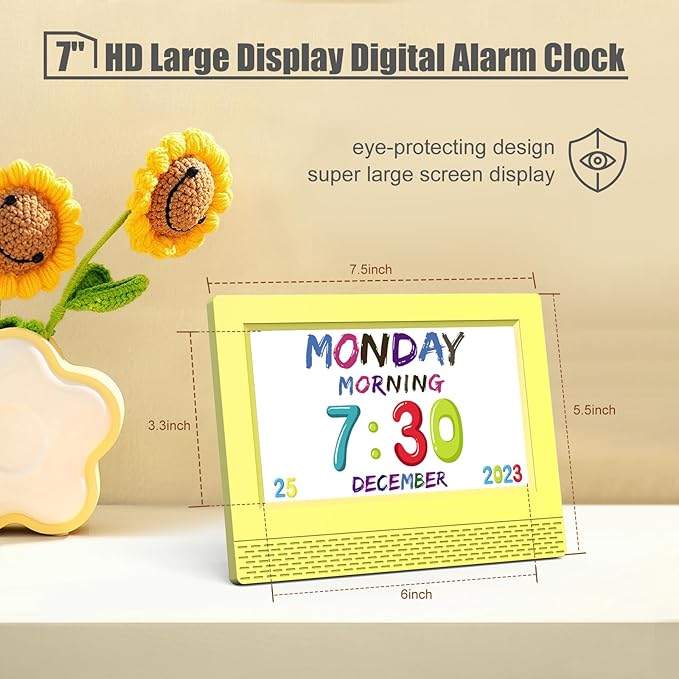Kids Digital Alarm Clock Colorful, 7" Large LED Time Display Children's Sleep Trainer, Eye-Caring Digital Clock for Girls Boys Bedrooms Bedside, 17 Alarm Clock Settings Easy to Use Kids Birthday Gift