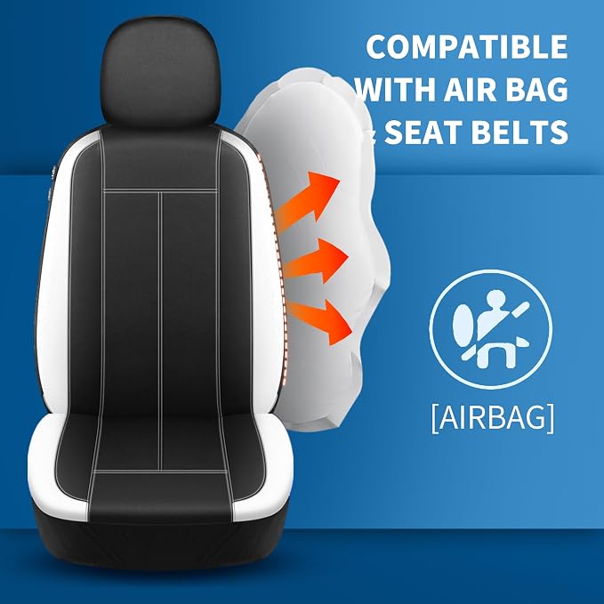 HChengkikz Car Seat Covers Front Seat, Waterproof Neoprene Seat Covers, Car Seat Cover Airbag Compatible, Universal Automotive Comfort for Most Cars, Trucks, SUVs (Black + White)