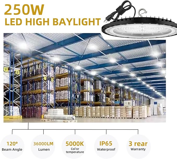 2Pack UFO LED High Bay Light 250w, 5 ft cable