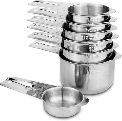 Set of 7 Heavy Duty Measuring Cups, 18/8 Stainless Steel with Ring Connector, Silver