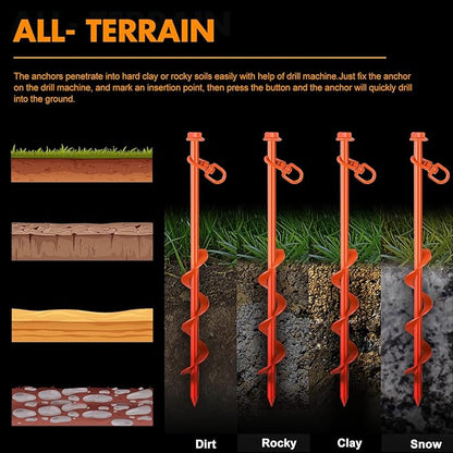 Zhengmy 12 Pcs Ground Anchors Screw in, 12 Inch Heavy Duty Tent Stakes with Trampoline Anchor Hook Ground Stakes for Camping Tent Canopies Ports Sheds Swing Sets Securing Animals (Orange)