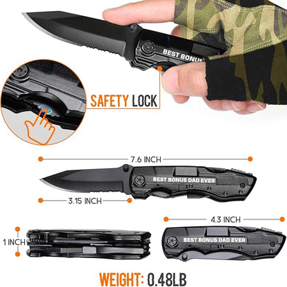 Bonus Dad Gifts, Multitool Knife, Bonus Dad Christmas Practical Gifts, Bonus-Dad Fathers Day Birthday Gift, Gift for Camping, Hiking, Fishing, 20 in 1 Multitool