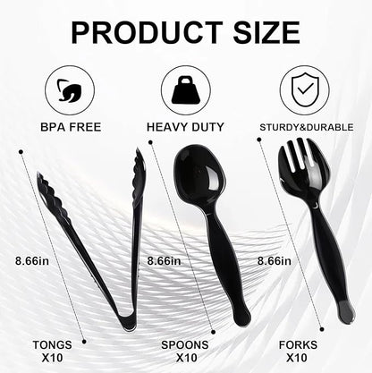 30 Pcs Disposable Black Plastic Serving Utensils,10 Set Including 9" Plastic Serving Spoons, Forks and Tongs for Dinner Parties, Buffets,Banquets, Events, Weddings, and Daily Use