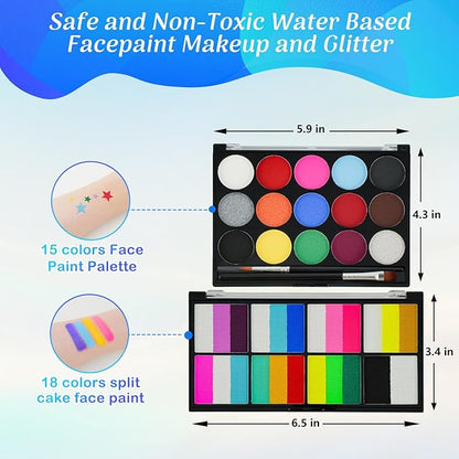 Face Painting Kit for Kids & Adults,18 Color+15 Color Non-toxic Water Activated Face Paint Palette,Halloween Makeup Kit.Ideal for Halloween,Carnival,Cosplay,Party,Arty Stage Makeup.