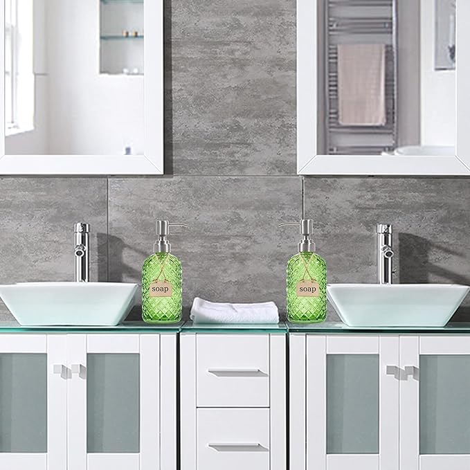 16 oz Diamond Pattern Glass Soap Dispenser, Kitchen and Bathroom Refillable