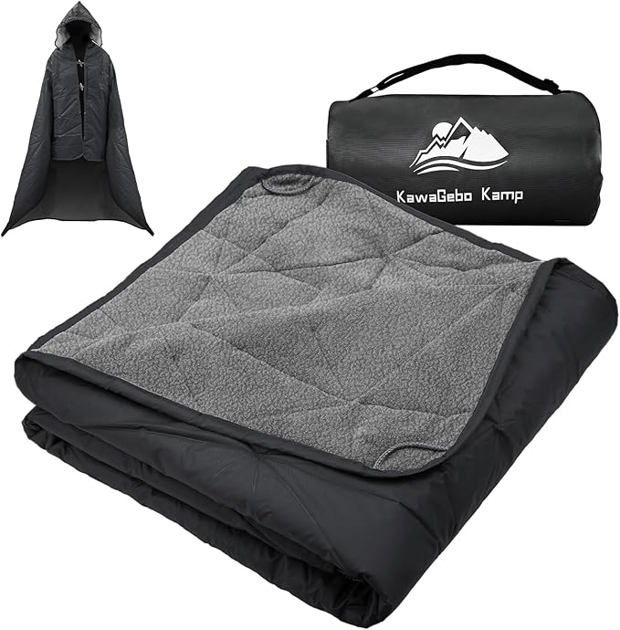 Outdoor Waterproof Blanket, Foldable Fleece Stadium Blanket for Outdoor Sports Event, Camping, Car, Pet, Picnics - Windproof, Wearable, Machine Washable 80" x 58" (Black Gray,Hooded)
