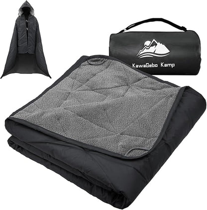 Outdoor Waterproof Blanket, Foldable Fleece Stadium Blanket for Outdoor Sports Event, Camping, Car, Pet, Picnics - Windproof, Wearable, Machine Washable 80" x 58" (Black Gray,Hooded)