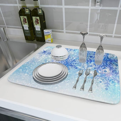 Giwawa 18"x24" Winter Blue Snowflakes Dish Drying Mat Christmas Snow Falling