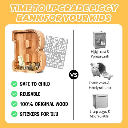 KMC Wooden Letter Piggy Bank, Personalized Initial Piggy Bank for Kids Boys, Clear Alphabet B Wood Money Box, Unbreakable Coin Saving Jar, Birthday, for Children