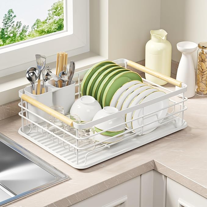 Dish Racks for Kitchen Counter: Wooden Handles, Thickened Metal, No Assembly.