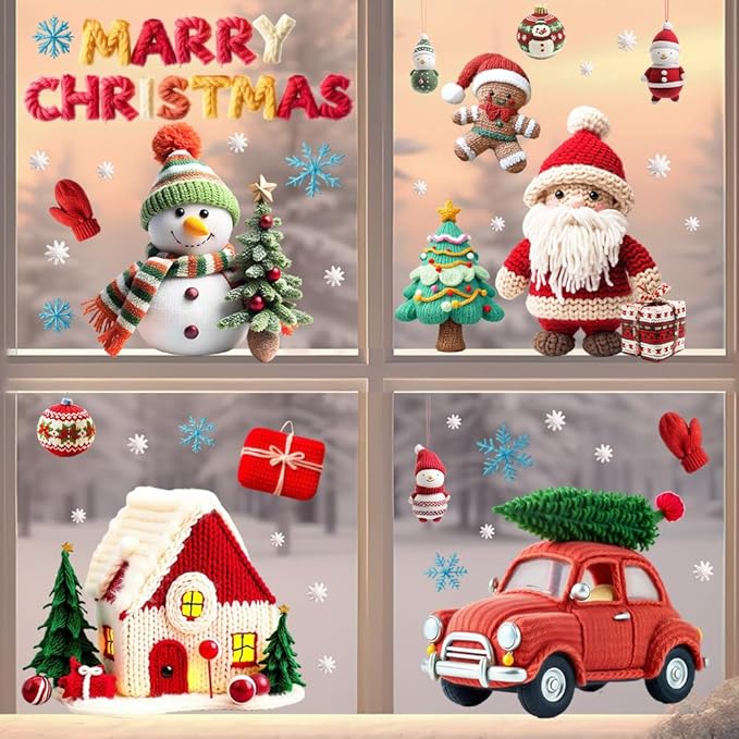 Christmas Window Stickers Fun Christmas Window Clings Decor Set-Vibrant Santa, Woolen Tree Car House, Reindeer & Snowman Static Decals-Removable - Safe for Home, Office, School Indoor Use