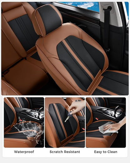 Huidasource Car Seat Covers Full Set, Luxury Faux Leather Seat Covers, Velcro Adjustable, with Airbags, Thinning Design Perforation Cooling＆Heating, Fit for Most Cars, Vans, Trucks, SUVs, Brown&Black