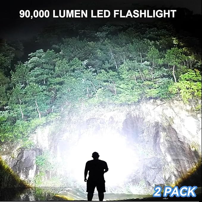 Rechargeable LED Flashlights High Lumens, 90,000 Lumens Super Bright Flashlights with 5 Modes, Waterproof Powerful Flash Light Multifunctional Flashlights for Home Camping Hiking(2 Pack)