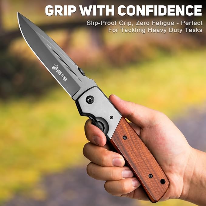 NedFoss DA52 Pocket Knife for Men, 5'' Large Folding Knife, 11'' Survival Knife with Rosewood Handle, Safety Pin, Pocket Clip, Liner Lock
