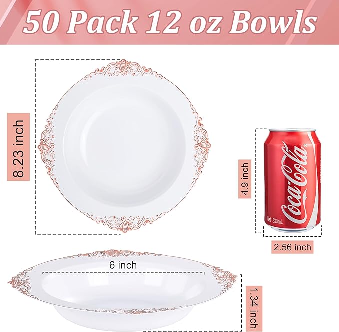 Nervure 50PCS White Plastic Bowls with Rose Gold Rim - 12oz White Disposable Soup Bowls, Heavy Duty Salad Ice Cream Bowl Perfect For Weddings, Parties and Everyday Use