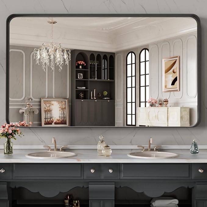 LOAAO 48X28 Inch Black Metal Framed Bathroom Mirror