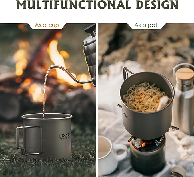 Lixada Titanium Pot, Lightweight Camping Pot Titanium Cup Titanium Backpacking Pot with Portable Foldable Handles for Outdoor Camping Hiking Backpacking