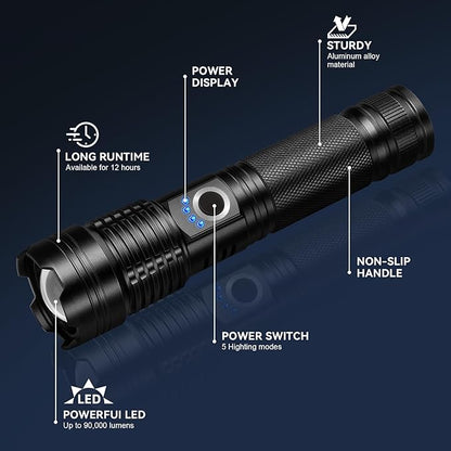 Rechargeable Flashlights High Lumens 3 Packs, 99,000 Lumens Super Bright LED Flashlight with 5 Modes & Waterproof, Powerful Handheld Flash Light for Home Camping