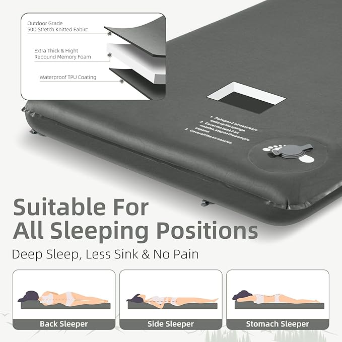 Memory Sleeping Pad, 3.1" Ultra-Thick Foam Sleeping Mats for Camping, Easy Inflate&Deflate,9.5 R-Value Insulated Camping Mattress Pad with Pillow, for Car Travel Tent