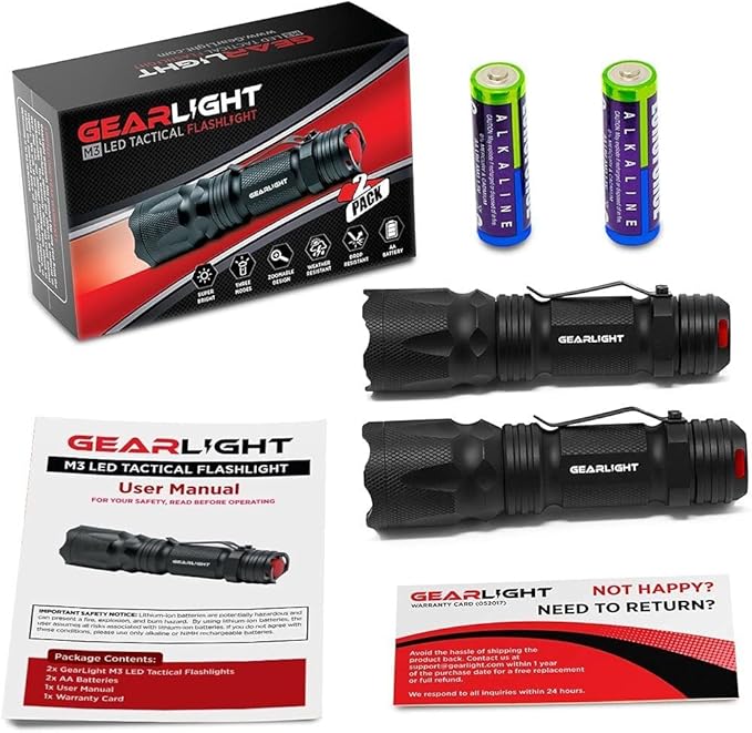 GearLight M3 Mini LED Flashlight - 2 Bright, Small Tactical Flashlights with High Lumens and Pocket Clip for Camping, Outdoor & Emergency Use ï»?- Black