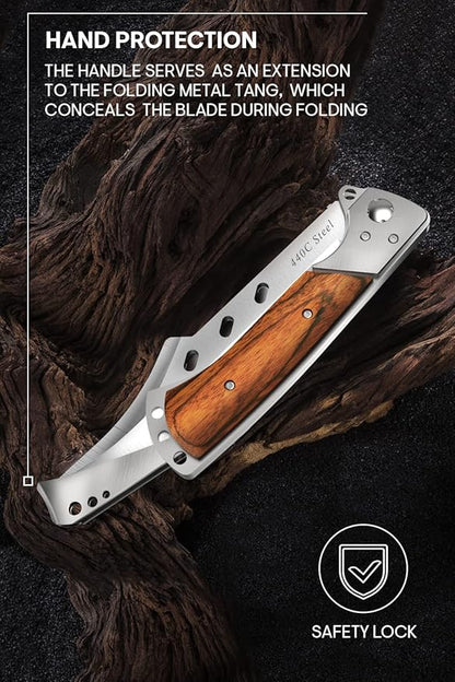 Grand Way Long Blade Folding Knife - Sharp Hunting Hiking Camping Tactical Survival Work Knives for Men Women - Foldable Large Knife with Rosewood Handle - Stocking Stuffers Gifts 4172