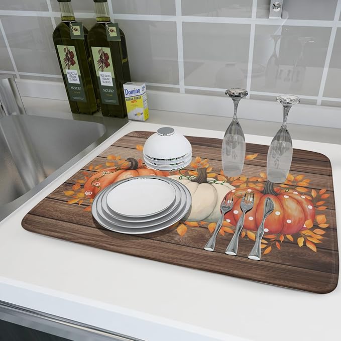 Autumn Pumpkin Dish Drying Mat Rustic Wood Dish Drainer Mats Fast Dry