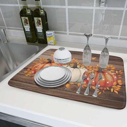 Autumn Pumpkin Dish Drying Mat Rustic Wood Dish Drainer Mats Fast Dry