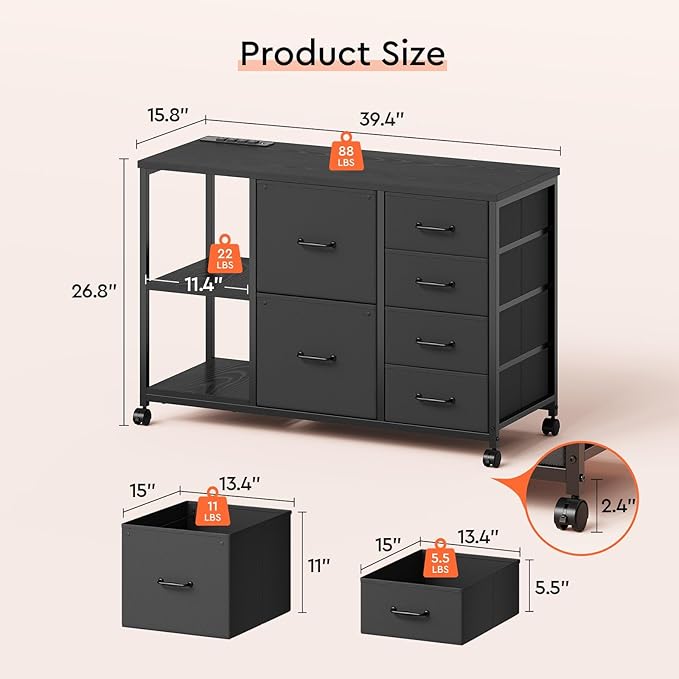 6 Drawer File Cabinet with Charging Station Rolling Printer Stand with Open
