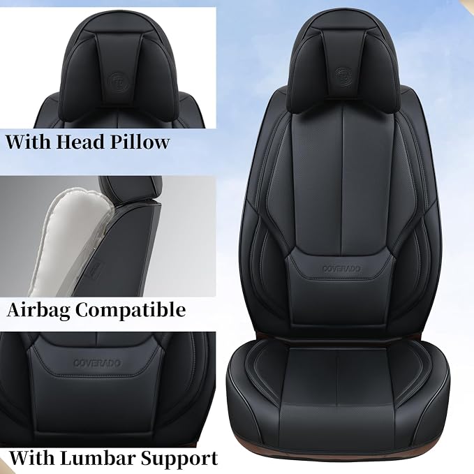 Coverado Universal Seat Covers Front, 2-Pack Universal Seat Covers for Cars, Waterproof Nappa Leather Car Seat Covers with Head Pillow, Auto Protectors Fit for Most Sedans SUV Pick-up Truck-Black
