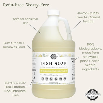 Rustic Strength Natural Dish Soap, Lemon & Eucalyptus, 1 Gallon Plastic | High-Lathering, Concentrated,Plant-Based Formula,Tough Grease Cleaner