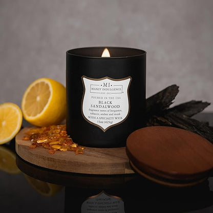 Manly Indulgence Black Sandalwood Scented Candle for Men 15 oz – Bergamot, Tobacco, Amber & Musk - Wood Wick - Up to 60 Hours Burn - Soy Blend Wax, USA Poured – Signature Collection