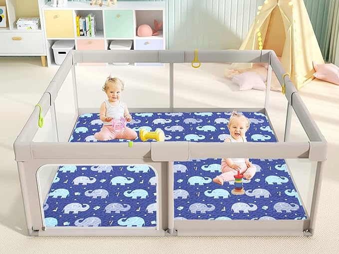 Baby Floor Play Mat Foldable Crawling Mat, 50x50 Play Mat for Playpen, Washable Non Slip One-Piece Playmats Portable, Cushioned Baby Tummy Time Mats for Infants and Toddlers (Blue Elephant)