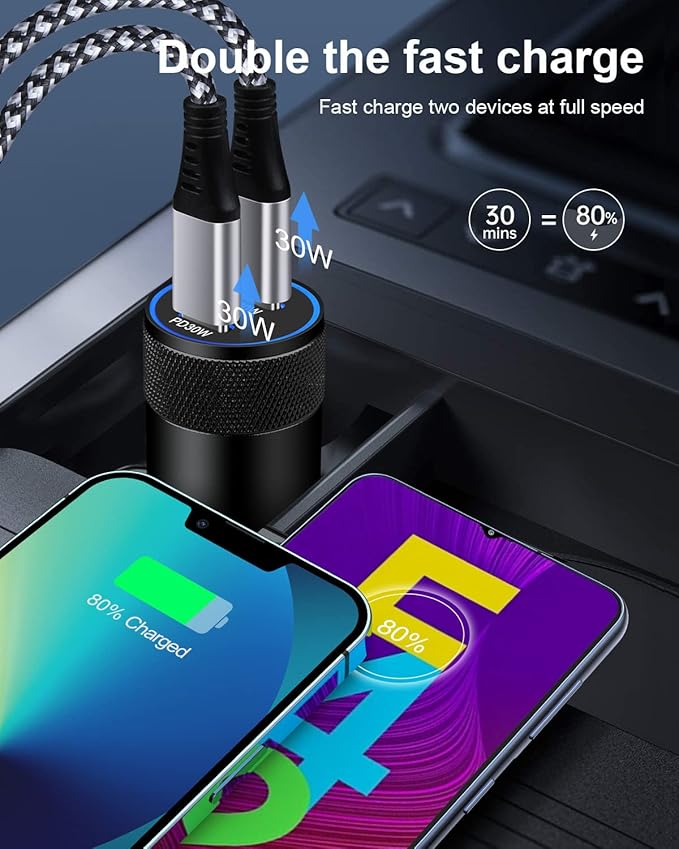 60W USB C Car Charger, 2 Pack AILKIN USB C Cigarette Lighter Adapter Fast Charging Dual Port PD3.0 Type C Car Charger Plug Compatible with iPhone 17 16 15 14 Pro Max Galaxy S26/S25/S24 Pixel 10 9Pro