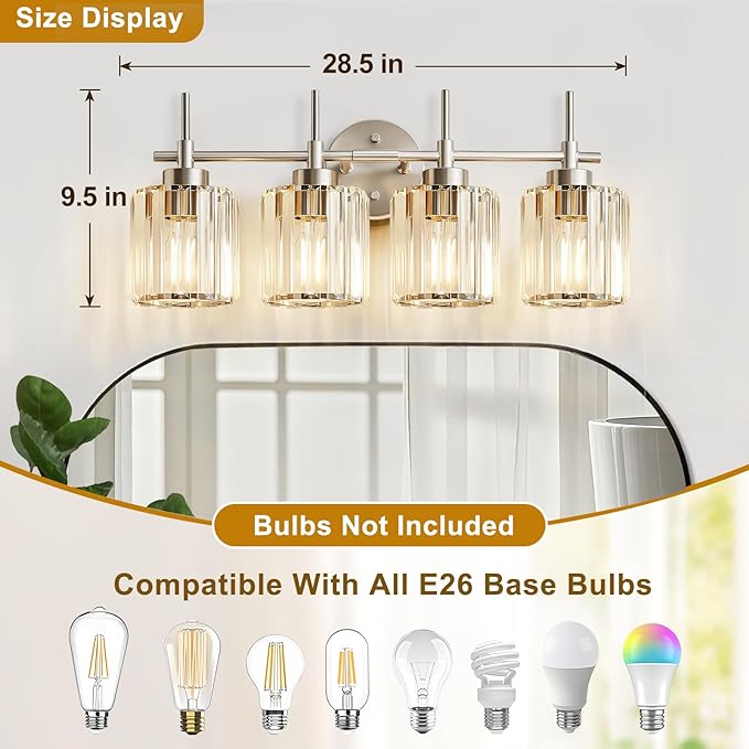 EJIAXIN Crystal Bathroom Vanity Lights, 4 Light Bath Mirror Light Brushed