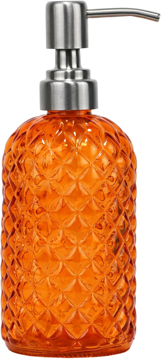16 oz Diamond Pattern Glass Soap Dispenser, Kitchen and Bathroom Refillable