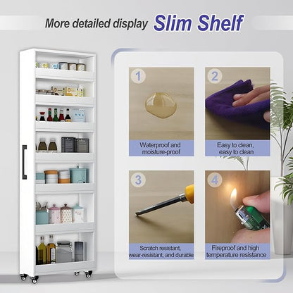 7-Tier Slim Storage Cart, Wooden Rolling Pantry Cabinet with Wheels, Narrow Shelf Organizer for Kitchen, Bakers Rack, Dining Room, Closet, Small Spaces Dark Walnut 47.2" H*5.9" W*16.9" D