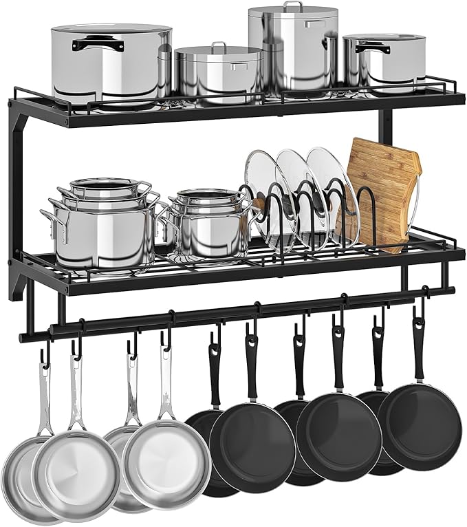 CHOEZON Pot Rack, Wall Mounted Pan Holder, 2-Tier Pot and Pan Organizer
